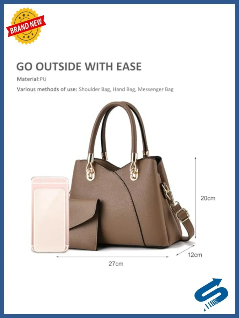 PU Leather Top Handle Tote Bag Women Satchel 3 Compartments Detachable Strap